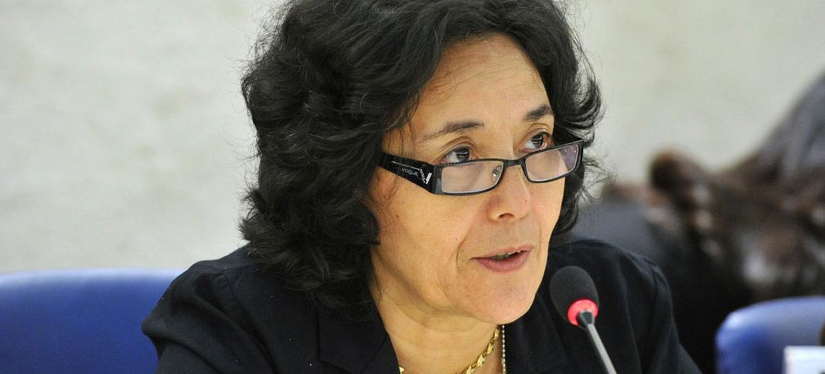 La Représentante spéciale du Secrétaire général pour les enfants et les conflits armés, Leila Zerrougui, s'addresse au Conseil des droits de l'homme, le 11 septembre 2002.