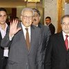 Joint Special Representative of the UN and the League of Arab States on the Syrian crisis, Lakhdar Brahimi, waves on arrival in Damascus.