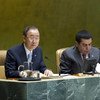 Secretary-General Ban Ki-moon addresses the General Assembly on the role of mediation in conflict prevention and resolution. Assembly President Nassir Abdulaziz Al-Nasser is at right.