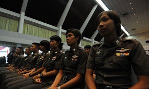 Recruiting women police officers is key to the rule of law. In this photo, Thai police cadets receive training on ending violence against women and girls.
