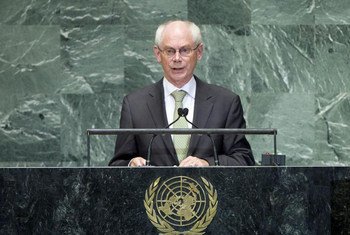 Le Président du Conseil européen, Herman Van Rompuy, à la tribune de l'Assemblée générale.