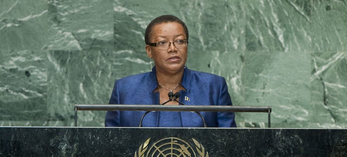 Foreign Minister Maxine Pamela Ometa McClean of Barbados addresses General Assembly.
