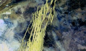 A NASA satellite image shows a vast alluvial fan blossoming across the landscape between the Kunlun and Altun mountain ranges that form the southern border of the Taklamakan Desert in China.