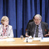Independent Commission of Inquiry on Syria members, Chairperson Paulo Pinheiro (right) and Karen AbuZayd brief press.