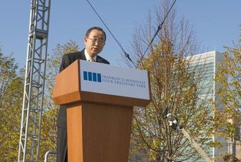 Secretary-General Ban Ki-moon speaks at ceremony dedicating Four Freedoms Park on Roosevelt Island in New York City.