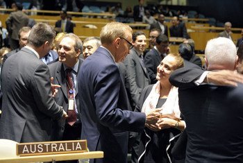 Foreign Minister Bob Carr (centre) chats with a colleague after Australia was elected one of five new non-permanent members of the Security Council.