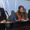 The three Co-Chairs of the Secretary-General’s High-Level Panel on the Post-2015 Development Agenda jointly address journalists. From left: Prime Minister David Cameron of the United Kingdom, Ellen Johnson-Sirleaf, President of the Republic of Liberia, an