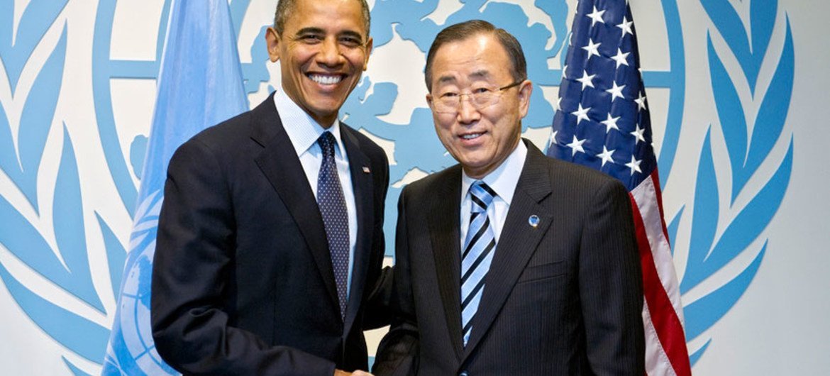 Secretary-General Ban Ki-moon  with US President Barack Obama at UN Headquarters in September 2012.