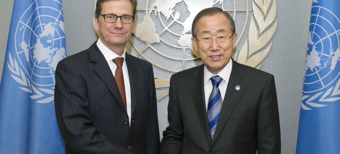 Secretary-General Ban Ki-moon (right) meets with Foreign Minister Guido Westerwelle of Germany.