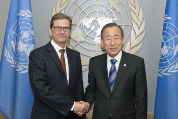 Secretary-General Ban Ki-moon (right) meets with Foreign Minister Guido Westerwelle of Germany.