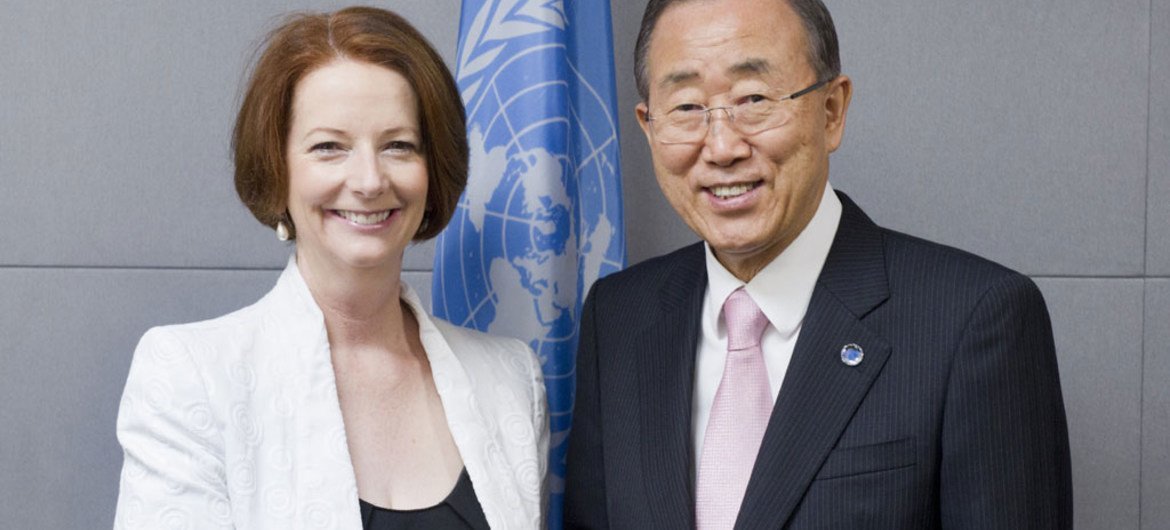 Secretary-General Ban Ki-moon (right) with Prime Minister Julia Gillard of Australia.