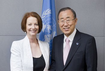 Secretary-General Ban Ki-moon (right) with Prime Minister Julia Gillard of Australia.