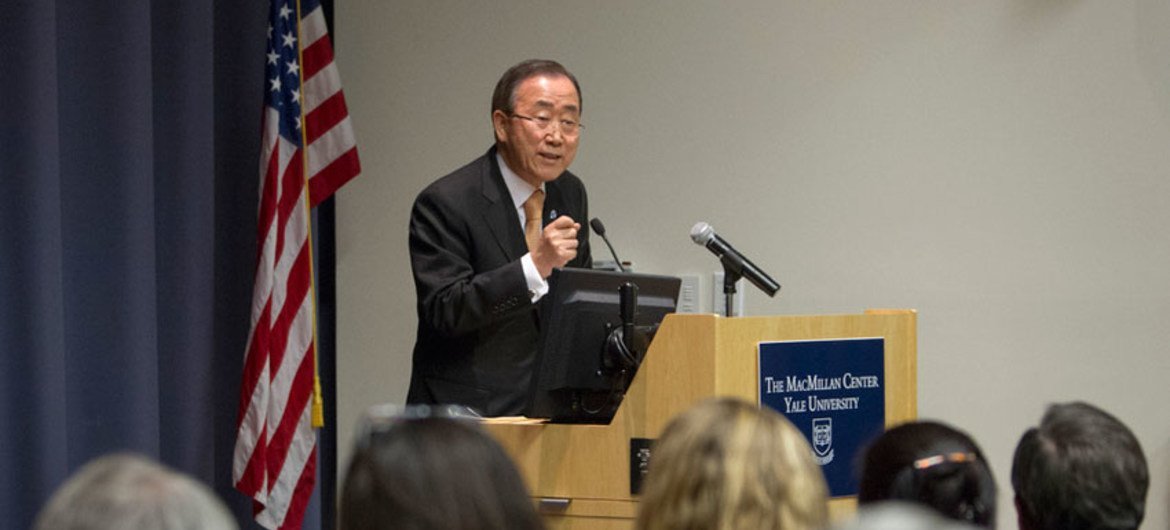 Secretary-General Ban Ki-moon delivers Yale University's annual George Herbert Walker, Jr. Lecture in International Studies, at its campus in New Haven, Connecticut.