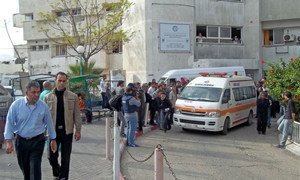 An ambulance carrying injured Palestinians preparing to take them from Shifa hospital, Gaza, to Egypt for urgent treatment.