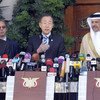 Secretary-General Ban Ki-moon (centre) holds press conference with President Abdrabuh Mansour Hadi of Yemen (left) and Abdul Latif Bin Rashid Al Zayani of the Cooperation Council for the Arab States of the Gulf.
