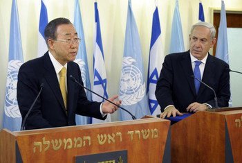 Secretary-General Ban Ki-moon (left) holds joint press conference in Jerusalem with Prime Minister Benjamin Netanyahu of Israel.
