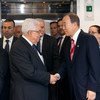 Secretary-General Ban Ki-moon greets Mahmoud Abbas, President of the Palestinian Authority.