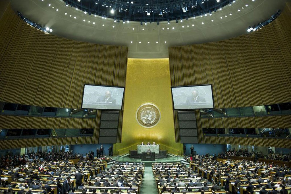 Wide view of the General Assembly Hall as draft resolution to grant Palestine non-Member Observer State status in the United Nations is introduced.