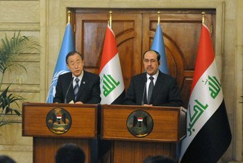 Secretary-General Ban Ki-moon and Iraqi Prime Minister Nouri al-Maliki brief the press in Baghdad.