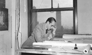 Oscar Niemeyer, one of the original architects of United Nations Headquarters in New York, going over plans for the building on 18 April 1947.