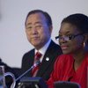 Secretary-General Ban Ki-moon (left) and humanitarian chief Valerie Amos at the annual high-level conference on the Central Emergency Response Fund (CERF).