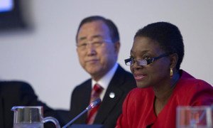 Secretary-General Ban Ki-moon (left) and humanitarian chief Valerie Amos at the annual high-level conference on the Central Emergency Response Fund (CERF).