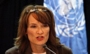 UNAMA Human Rights Director Georgette Gagnon addressing a news conference in the Afghan capital of Kabul.