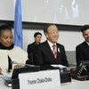 Secretary-General Ban Ki-moon (centre) is joined by musical artists Yvonne Chaka Chaka (left) and Ricky Martin at a special event on the need for leadership in the fight against homophobia.
