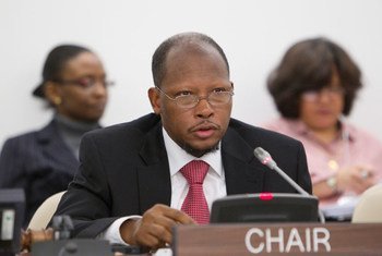 Ambassador George Wilfred Talbot of Guyana, Chair of the General Assembly’s Second Committee, during discussions.