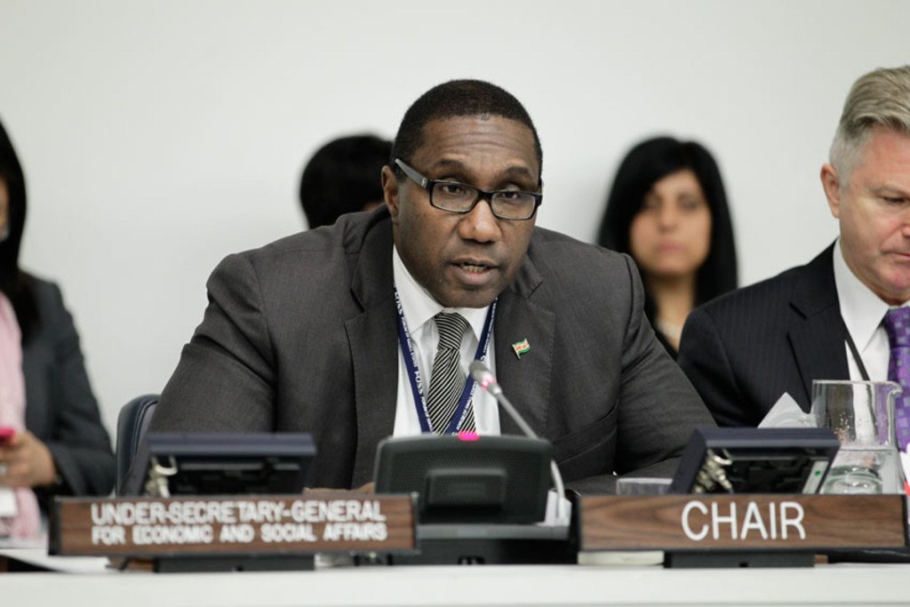 Ambassador Henry L. Mac-Donald of Suriname, Chair of the General Assembly’s Third Committee, during discussions.