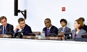 Ambassador Nelson Messone of Gabon, Chair of the General Assembly's Fourth Committee, during discussions.