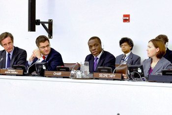 Ambassador Nelson Messone of Gabon, Chair of the General Assembly's Fourth Committee, during discussions.