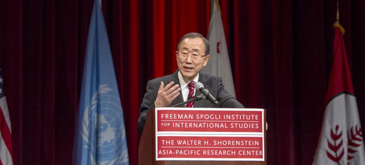 Secretary-General Ban Ki-moon delivers lecture at Stanford University in Palo alto, California.