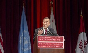 Secretary-General Ban Ki-moon delivers lecture at Stanford University in Palo alto, California.