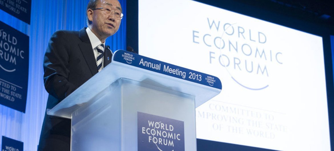 Le Secrétaire général de l'ONU, Ban Ki-moon, au Forum économique mondial de Davos. Photo ONU/Eskinder Debebe