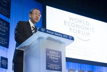 Le Secrétaire général de l'ONU, Ban Ki-moon, au Forum économique mondial de Davos. Photo ONU/Eskinder Debebe