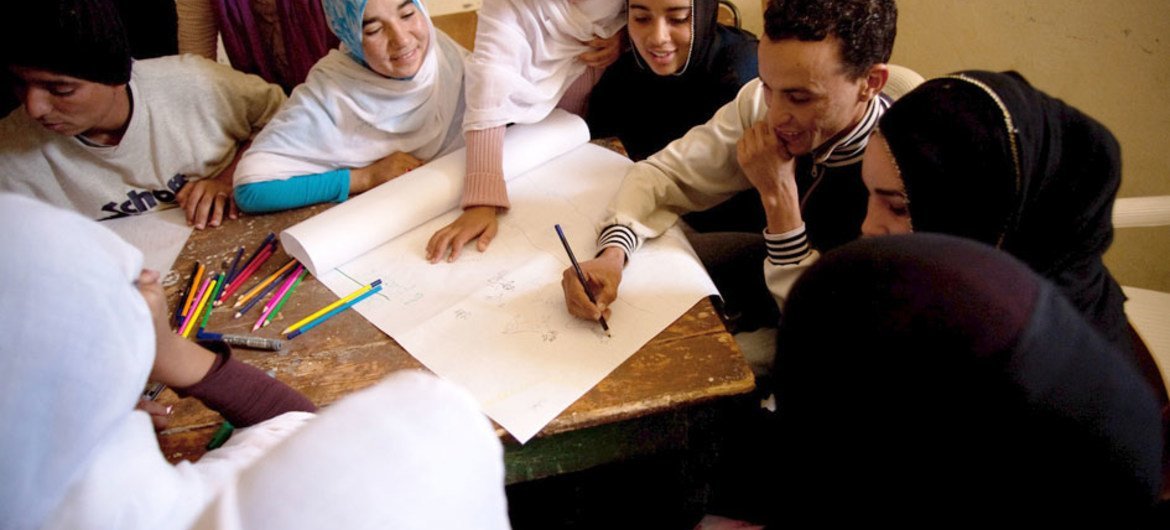 Young people contributing to a workshop on climate change in Iguiwaz, Morocco.