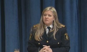 Outgoing Police Adviser Ann-Marie Orler addresses a news conference in New York.