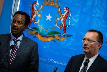 Under-Secretary-General for Political Affairs Jeffrey Feltman (right) meets with Somali Prime Minister Abdi Farah Shirdon during a visit to Mogadishu. AU-UN IST Photo/Stuart Price