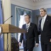 Secretary-General Ban Ki-moon (left) and US Secretary of State John Kerry at a joint press conference (February 2013).