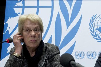 Carla del Ponte, member of the Commission of Enquiry on Syria, briefs the press in Geneva.