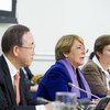 Michelle Bachelet addresses participants at a CSW side event. Secretary-General Ban Ki-moon looks on.