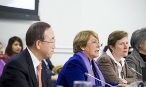 Michelle Bachelet addresses participants at a CSW side event. Secretary-General Ban Ki-moon looks on.