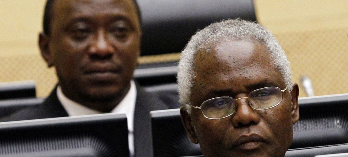 Initial appearance of Francis Muthaura (right) and Uhuru Muigai Kenyatta before the International Criminal Court (ICC) on 8 April 2011.