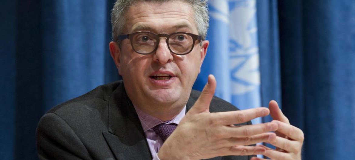 Commissioner-General of the UN Relief and Works Agency for Palestine Refugees in the Near East (UNRWA) Filippo Grandi briefs reporters.
