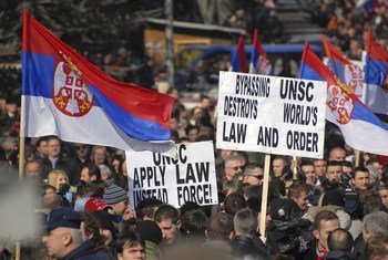 Serbians demonstrate against the decision of the Kosovo Parliament in February 2008 to declare independence from Serbia.