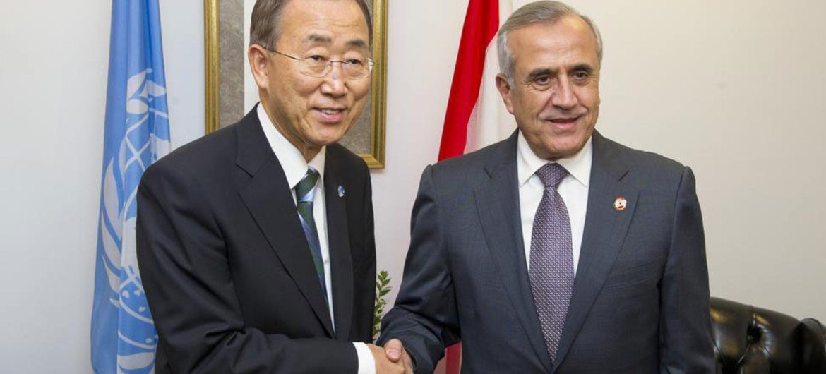 Secretary-General Ban Ki-moon (left) with Michel Sleiman, whose term as President of Lebanon ends on 25 May 2014.