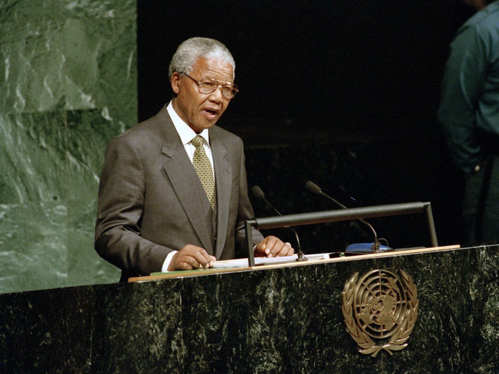 President Nelson Mandela addresses the 49th session of the General Assembly October 1994.