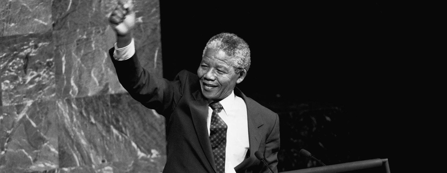 Nelson Mandela, Deputy President of the African National Congress of South Africa, raises his fist in the air while addressing the Special Committee Against Apartheid in the General Assembly Hall in 1990 before becoming President of South Africa. (file)