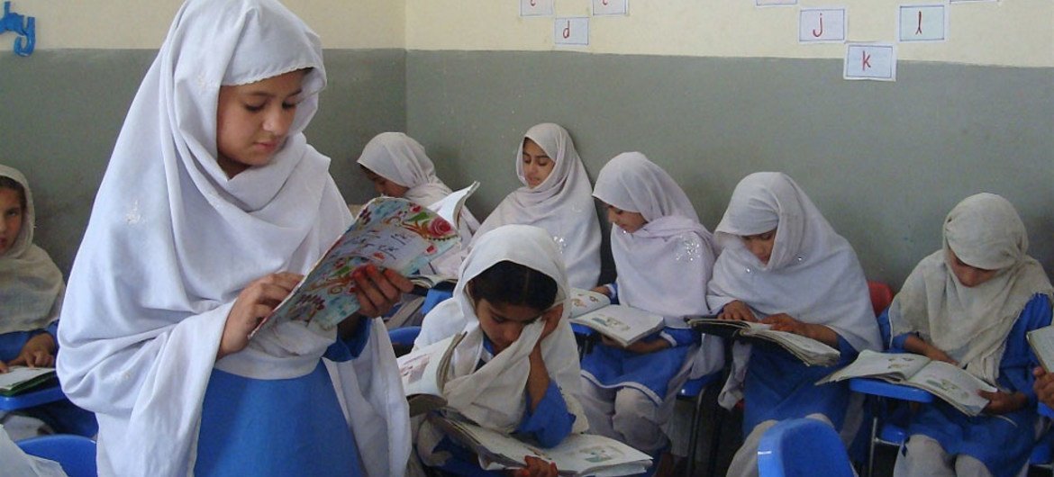 School children attending class at Noor Model School in Shamshatoo, Pakistan.